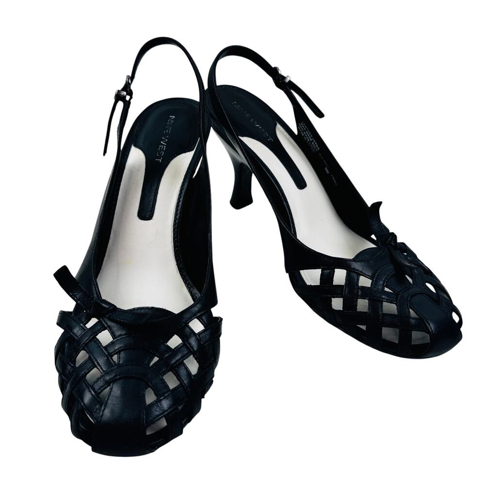 Nine West Vintage Y2K Black Leather Woven Cage Slingback Heels Women's Size 9